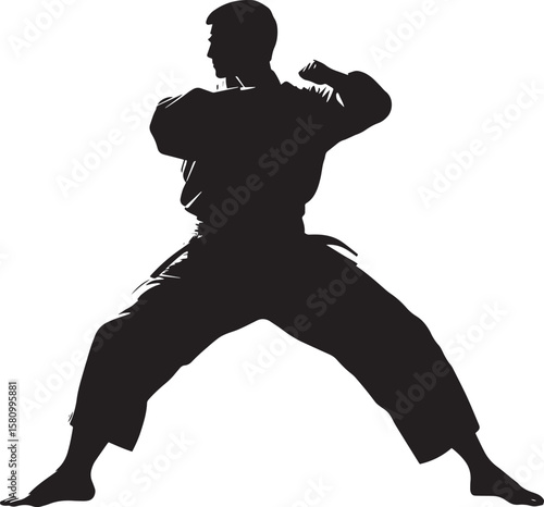 A martial artist in a wide-legged, low stance with fists held firmly at the waist. Full-length silhouette black vector illustration.