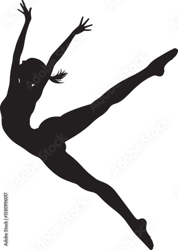 A gymnast soaring through the air, legs extended in a flawless split position. Full-length silhouette black vector illustration.