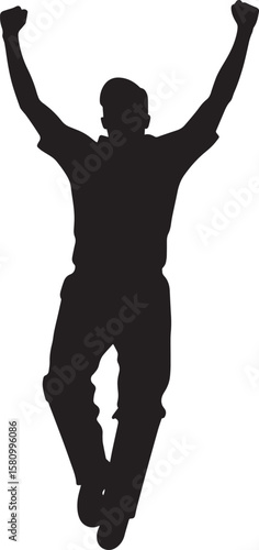 Bowler's Victory Cricket Sport Pose A bowler triumphantly raising their arms in celebration after claiming a wicket. Full-length silhouette black vector illustration.