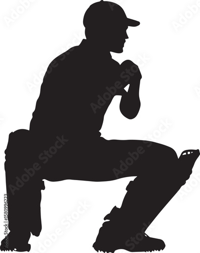 A player crouched low, hands open, eyes locked on the ball. full length silhouette black vector illustration