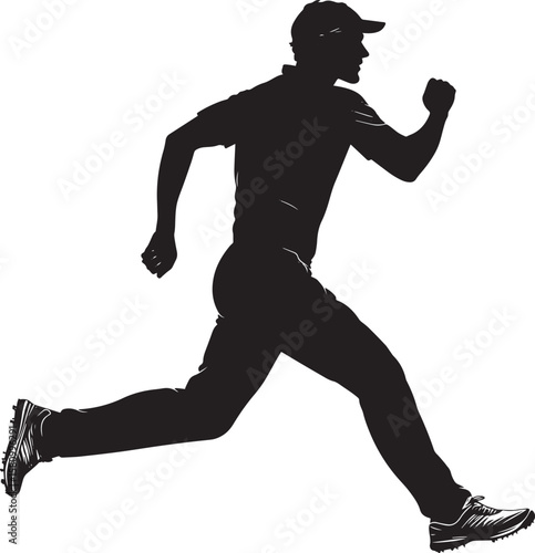 Fast Bowler Run-Up Cricket sport pose A bowler mid-sprint, arms pumping, ready to deliver. full length silhouette black vector illustration