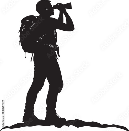 Binoculars Hiker Person scanning the horizon with binoculars, full-length silhouette vector.