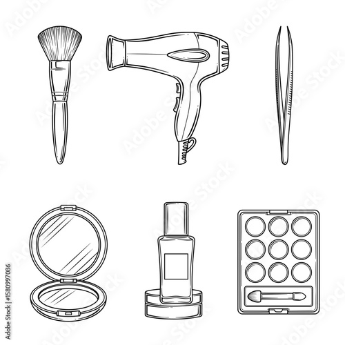 Monochrome sketch illustration set of essential beauty and personal care accessories like a hairdryer and makeup.