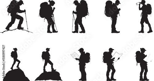 Rocky Outcrop Hiker Individual standing on a rock, foot raised in a bold stance, black vector art.