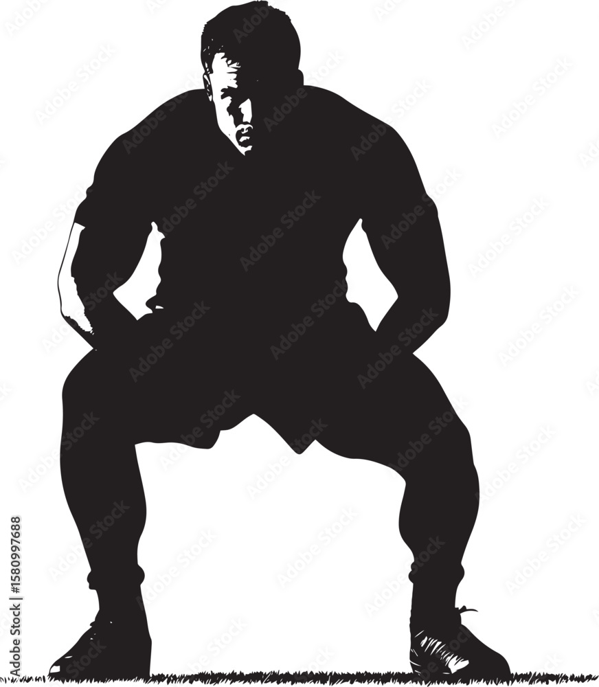 Fototapeta premium Crouched Rugby Pose Player in a low stance, preparing to move, black silhouette.