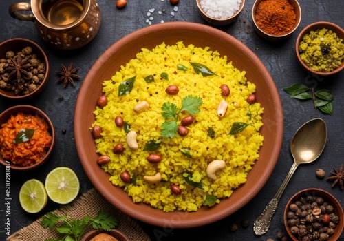 Hot yellow poha garnished with peanuts, green chili, lemon, and coriander on a dark plate