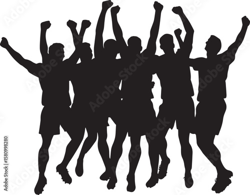 Celebrating with Teammates Silhouette A group of players in a circle or huddle, celebrating a goal, with arms raised or giving high-fives. full length silhouette black vector illustration