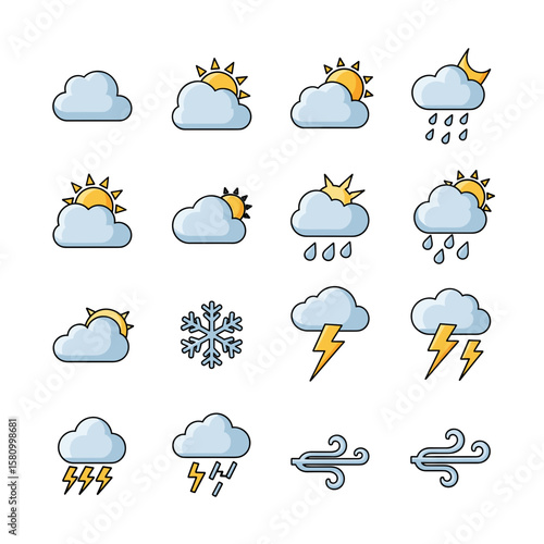 A colorful collection of flat weather forecast icons showing various meteorological conditions like sun, rain, and storms.