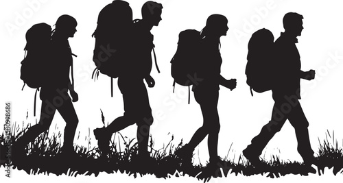 Group Hiking People walking together along a trail, backpacks on, enjoying the scenery, full-length silhouette vector.