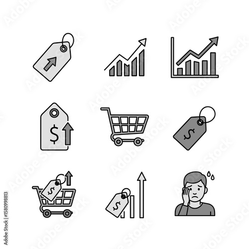 Vector icon collection illustrating economic inflation, rising price tags, increasing shopping costs, and consumer financial anxiety.