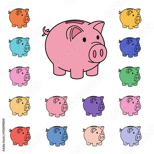 Vibrant collection of illustrated piggy bank icons in various colors, symbolizing money saving, investment, and personal finance.