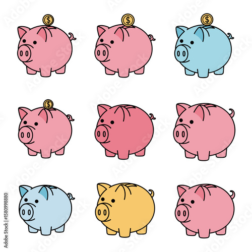 A colorful collection of illustrated piggy banks representing diverse financial savings, investment goals, and personal banking.