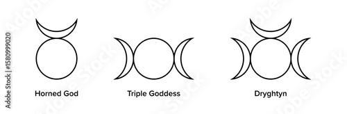 Horned God, Triple Goddess, and Dryghtyn symbols. Archetype deities in Wicca and Neopaganism. Horned God as male part, the Triple Moon as Mother Goddess, and Dryghtyn, the unknowable supreme deity.