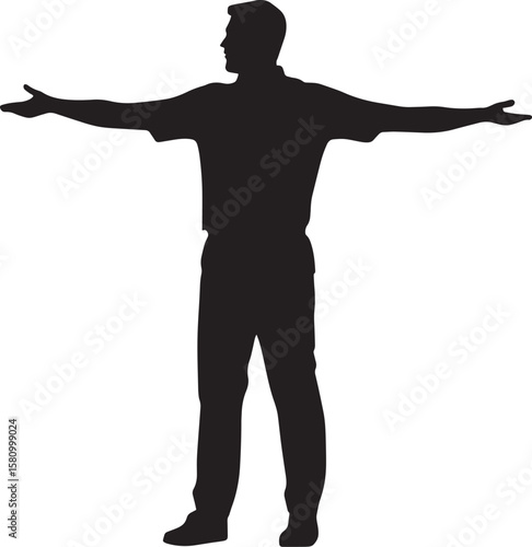 Referee with one arm extended vertically, signaling a goal kick after the ball crosses the goal line, full-length silhouette vector.