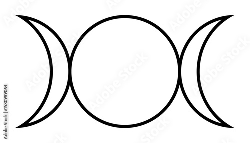 Triple Goddess, Triple Moon symbol. Deity archetype revered in Neopagan traditions. Triunity of Maiden, Mother and Crone, represented by a circle and two crescents, for waning, waxing, and full moon.