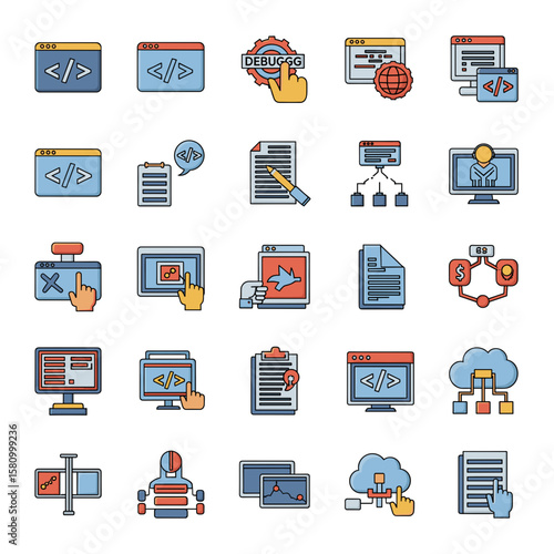 Conceptual Collection Web development icon set. UI design, coding symbols, graphic elements for websites, apps.