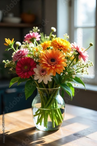 Wallpaper Mural Vibrant Spring Bouquet in Glass Vase on Rustic Wooden Table, Soft Natural Light, Perfect for Home Decor and Floral Design Torontodigital.ca