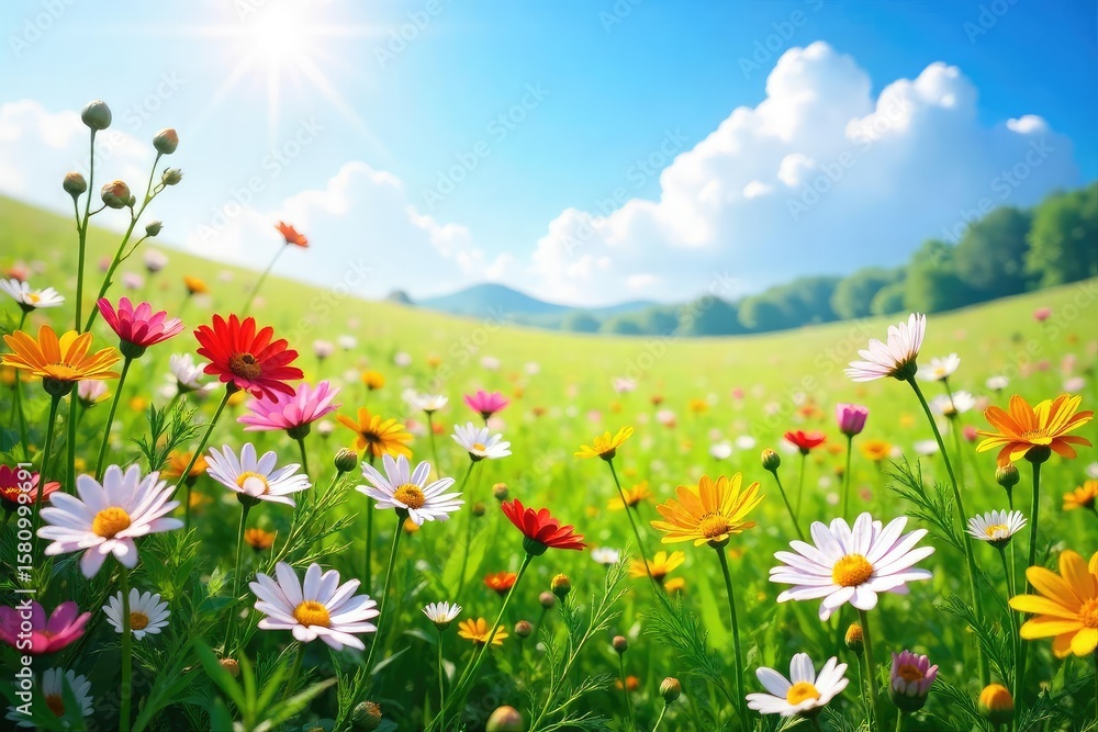 Vibrant Wildflower Meadow in Full Bloom Under a Spring Sky Sunlight Dapples Blossoms, Evoking Freedom, Joy, and New Beginnings Vibrant Wildflower Meadow in Full Bloom Under a Spring Sky Sunlight Dapples Blossoms, Evoking Freedom, Joy, and New Beginnings