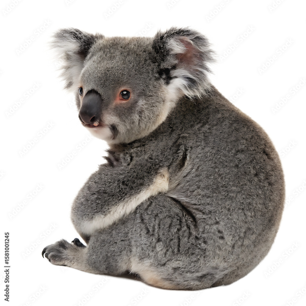 Obraz premium An adorable gray koala, an arboreal marsupial from Australia, sitting on a branch, isolated on a transparent background png