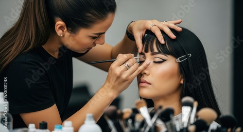 A makeup artist applying makeup to a model's face in a studio setting.