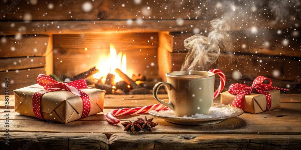 Cozy Winter Scene Warm Drink, Festive Gifts, and a crackling fireplace create a magical holiday atmosphere. Cozy Winter Scene Warm Drink, Festive Gifts, and a crackling fireplace create a magical holiday atmosphere.