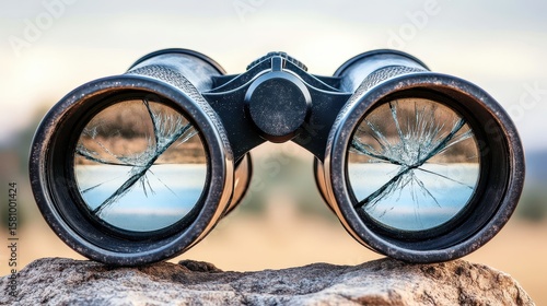 Broken Binoculars on Rock Overlooking Scenic Blurry Landscape