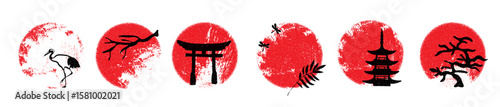Hand drawn brush red sun with  japanese decorative design elements. Red grunge japanese flag circle stamp set. Ground asian rough icon element pack. Vector textured shapes