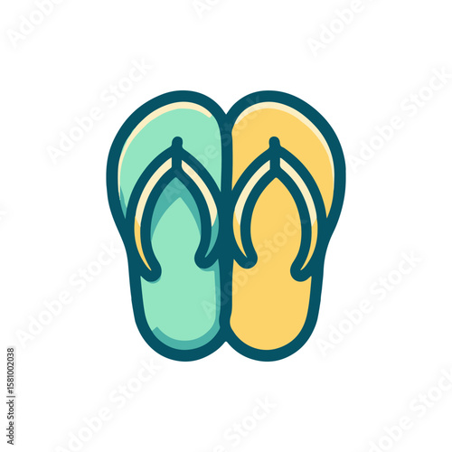 Colorful flip-flops resting on a sandy beach with gentle waves in the background