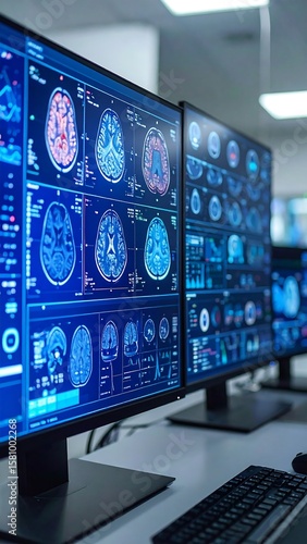 Multiple computer monitors displaying brain scans