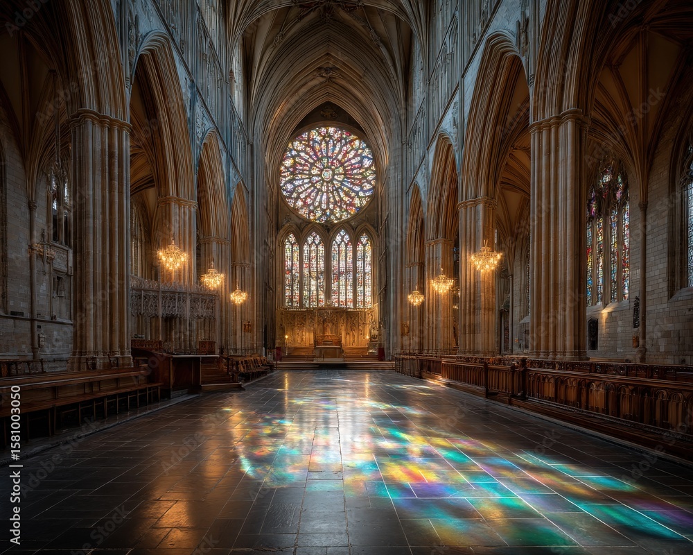 Fototapeta premium Sunlit stained glass illuminates the floor of this majestic cathedral, creating a breathtaking kaleidoscope of color.