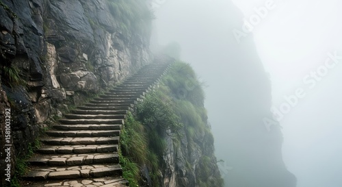 Stone Stairs Leading To A Mysterious Misty Journey