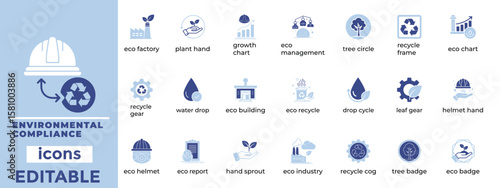 Clean, editable environmental compliance icons ideal for eco law, sustainability, safety, and regulatory design projects.
