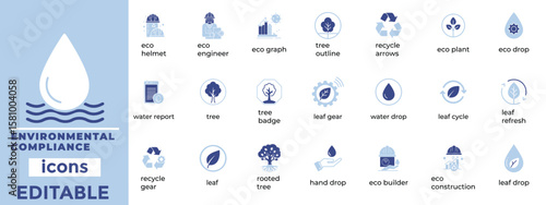 Clean, editable environmental compliance icons ideal for eco law, sustainability, safety, and regulatory design projects.