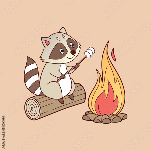 Cute cartoon raccoon sitting on a log roasting a marshmallow over a campfire