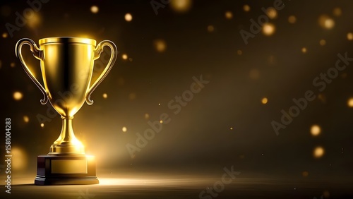 Glowing Gold Trophy on Velvet Podium with Dramatic Spotlight and Subtle Bokeh
