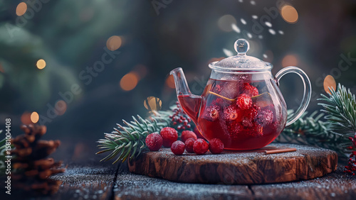 Glass teapot with red berry tea and frosted berries on rustic wood. Cozy winter drink for Christmas and New Year celebration.
