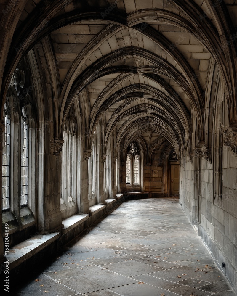 A long, dimly lit stone corridor with arched ceilings and tall windows. A long, dimly lit stone corridor with arched ceilings and tall windows.