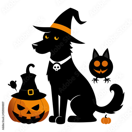 Halloween Pets in Costume Featuring Dog Pumpkin Outfit and Cat Witch Hat in Black Silhouette on White Background

