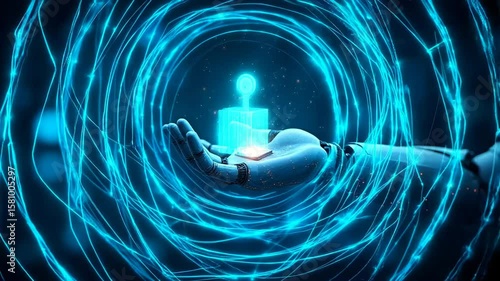 A robotic hand holds a microchip against a dark background with flowing blue digital data.
