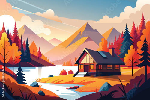 Cozy cabin by a lake with mountains and autumn trees isolated on white background isolated on transparent background