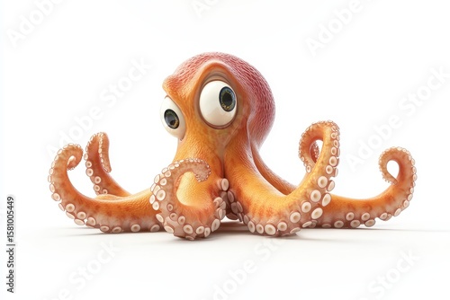 Octopus 3d render cartoon character on white background