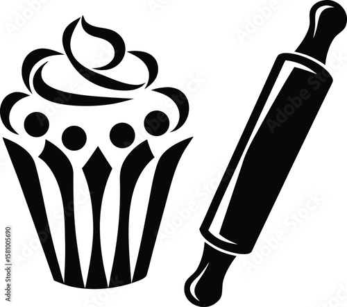 Cupcake and Rolling Pin – Elegant Black and White Bakery Vector
