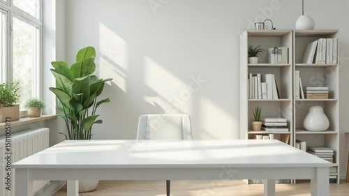 A professional virtual background of a clean, modern home office with a bookshelf and natural light.
