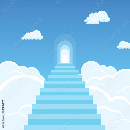 Stairway to heaven with clouds in the sky. Glowing door in the sky. Climbing up. Reaching the goal.