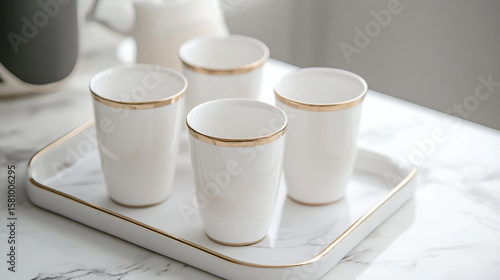 Four elegant white and gold cups are arranged on a marble table