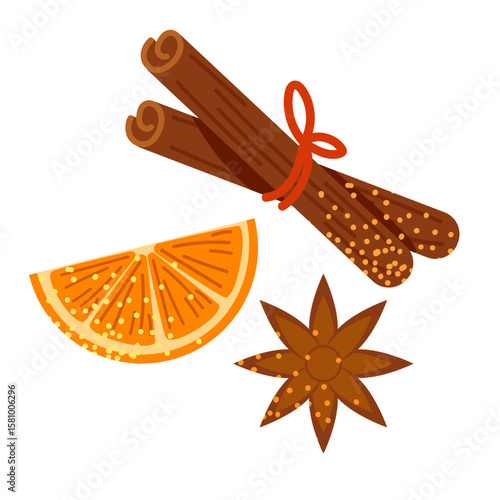 Set of mulled wine mugs with orange slices, anise and cinnamon sticks. Autumn hot drink. Vector illustration on white background