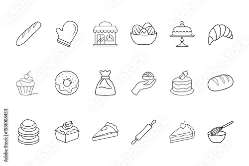 Baking and Dessert Icons: A Vector Outline Set of Sweet Pastry Elements
