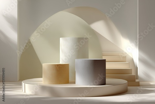 Minimalistisches Podest für Produktpräsentation mit geometrischen Formen und neutralem Hintergrund