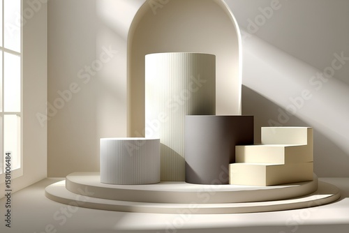 Minimalistisches Podest für Produktpräsentation mit geometrischen Formen und neutralem Hintergrund
