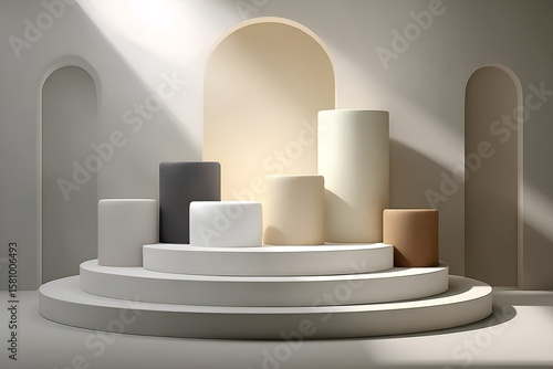 Minimalistisches Podest für Produktpräsentation mit geometrischen Formen und neutralem Hintergrund
